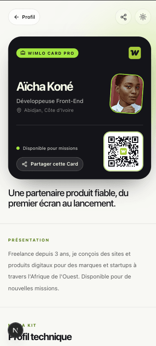 Aperçu de la Wimlo Card Pro avec QR code