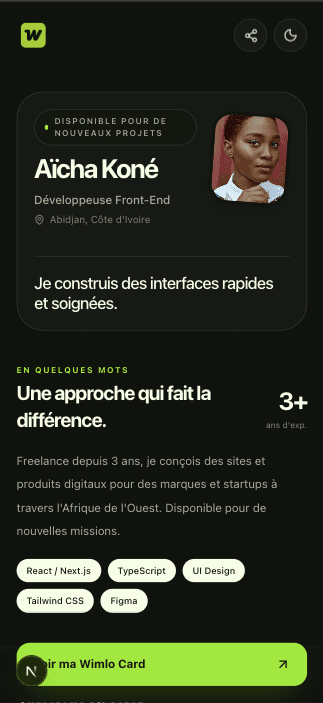 Aperçu sombre d’une page professionnelle Wimlo