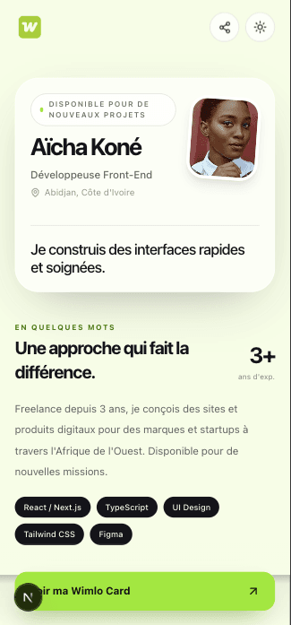 Exemple de page publique Wimlo avec présentation et projets